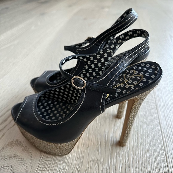 Jessica Simpson Raffia Straw Platform Sandals w/Black Leather Peep Toe - Picture 5 of 15